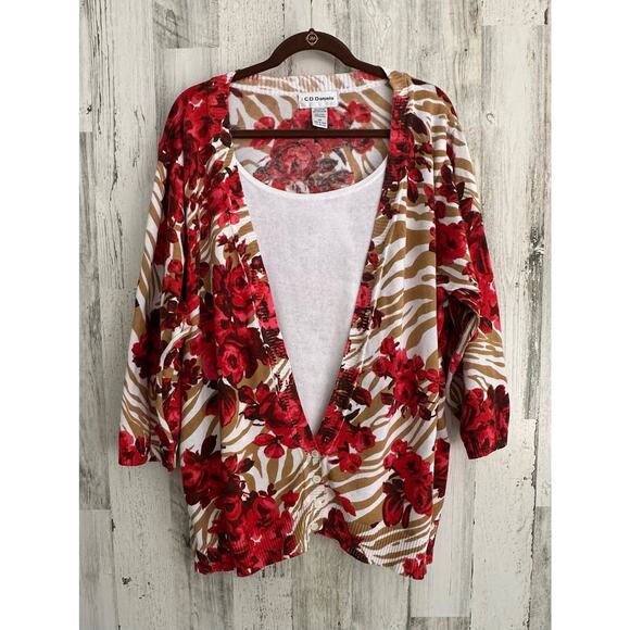 CD Daniels Sweaters - CD Daniels Womens Sweater Size 3X Red Rose Floral Animal Print Faux Cardigan